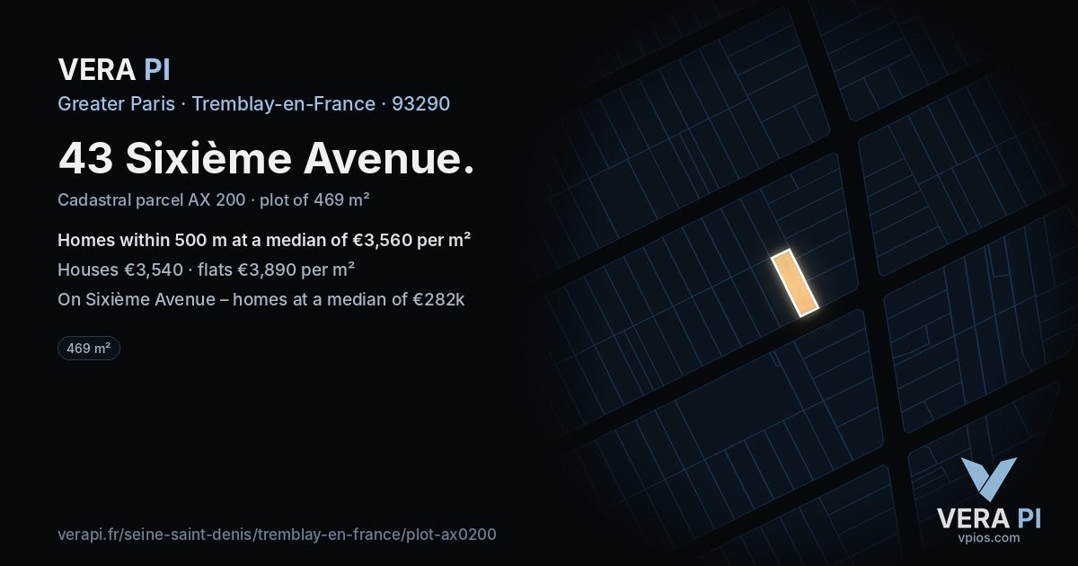 43 Sixième Avenue, Tremblay-en-France at night – the plot lit, the parcels around coloured by the prices near them