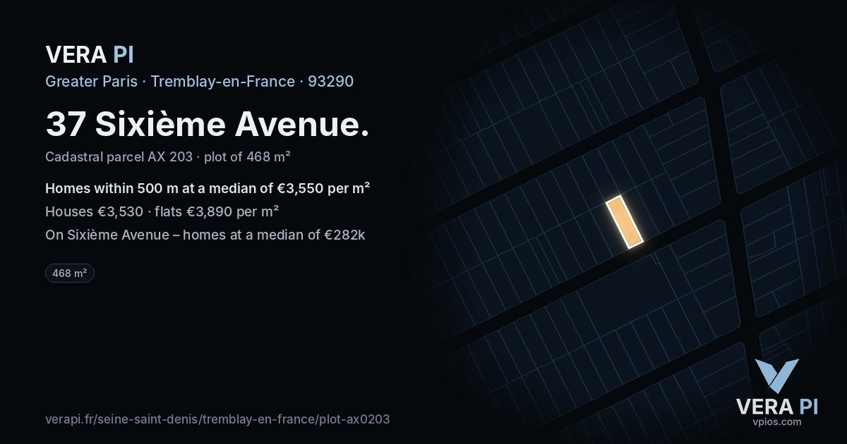 37 Sixième Avenue, Tremblay-en-France at night – the plot lit, the parcels around coloured by the prices near them