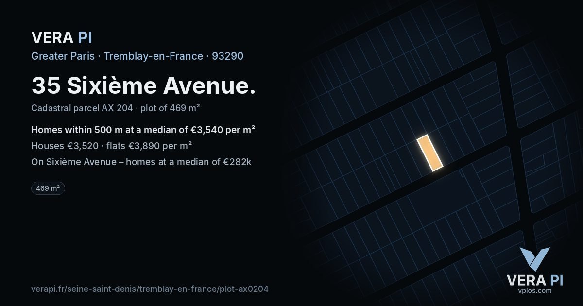 35 Sixième Avenue, Tremblay-en-France at night – the plot lit, the parcels around coloured by the prices near them