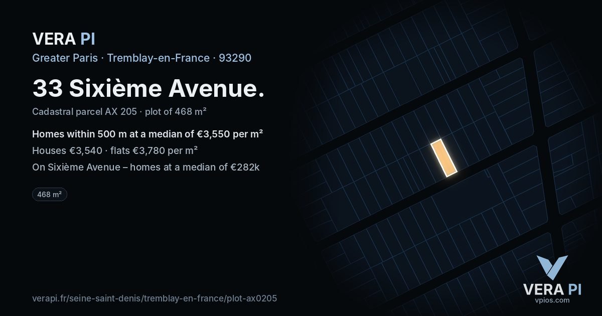 33 Sixième Avenue, Tremblay-en-France at night – the plot lit, the parcels around coloured by the prices near them