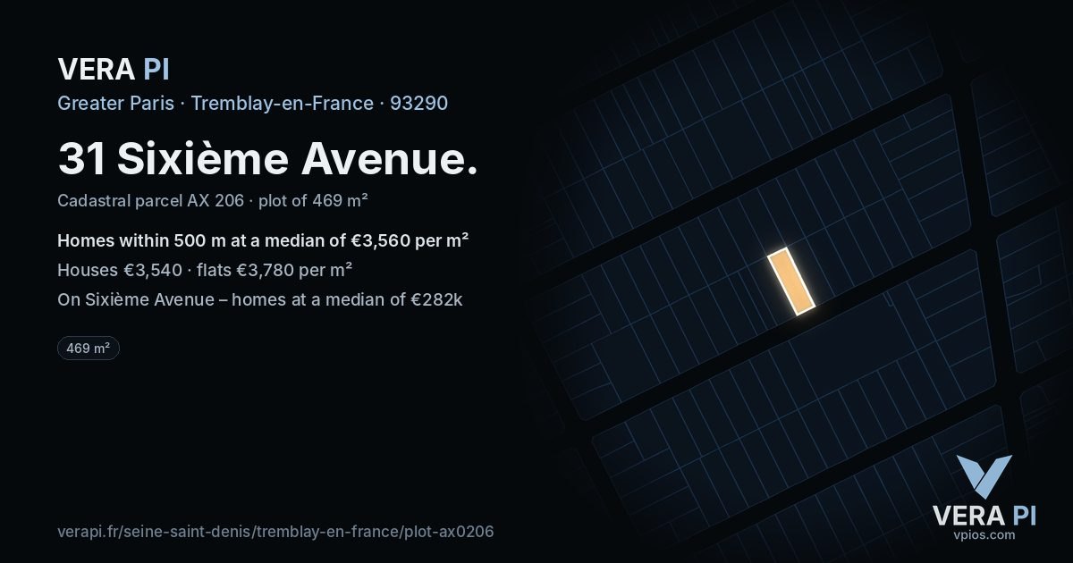 31 Sixième Avenue, Tremblay-en-France at night – the plot lit, the parcels around coloured by the prices near them
