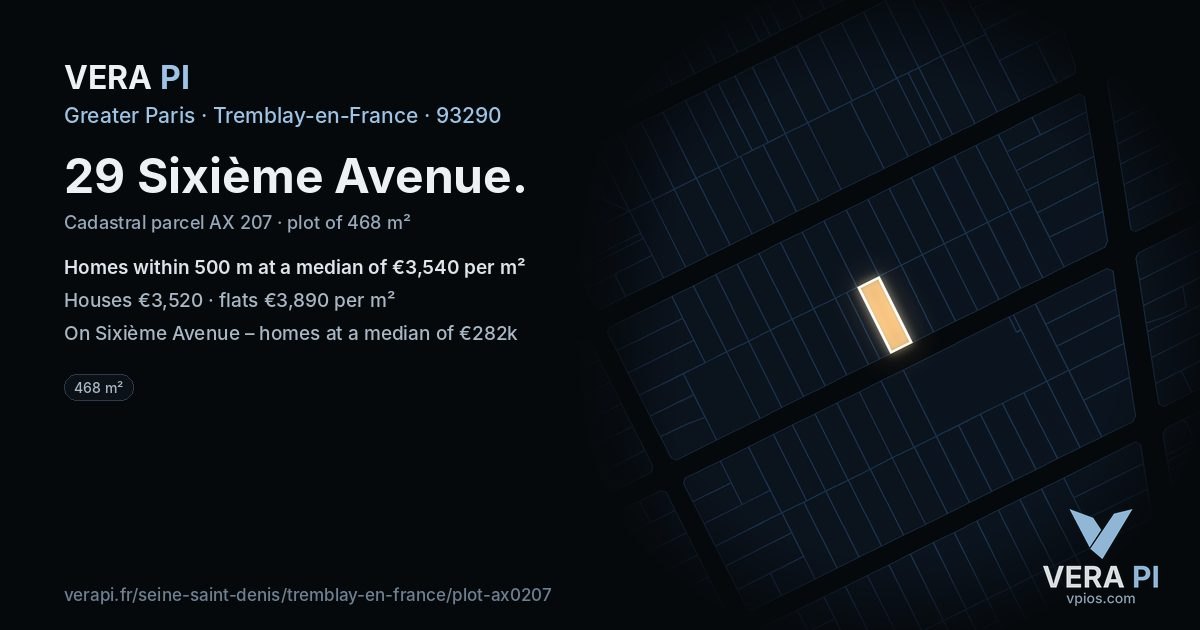 29 Sixième Avenue, Tremblay-en-France at night – the plot lit, the parcels around coloured by the prices near them