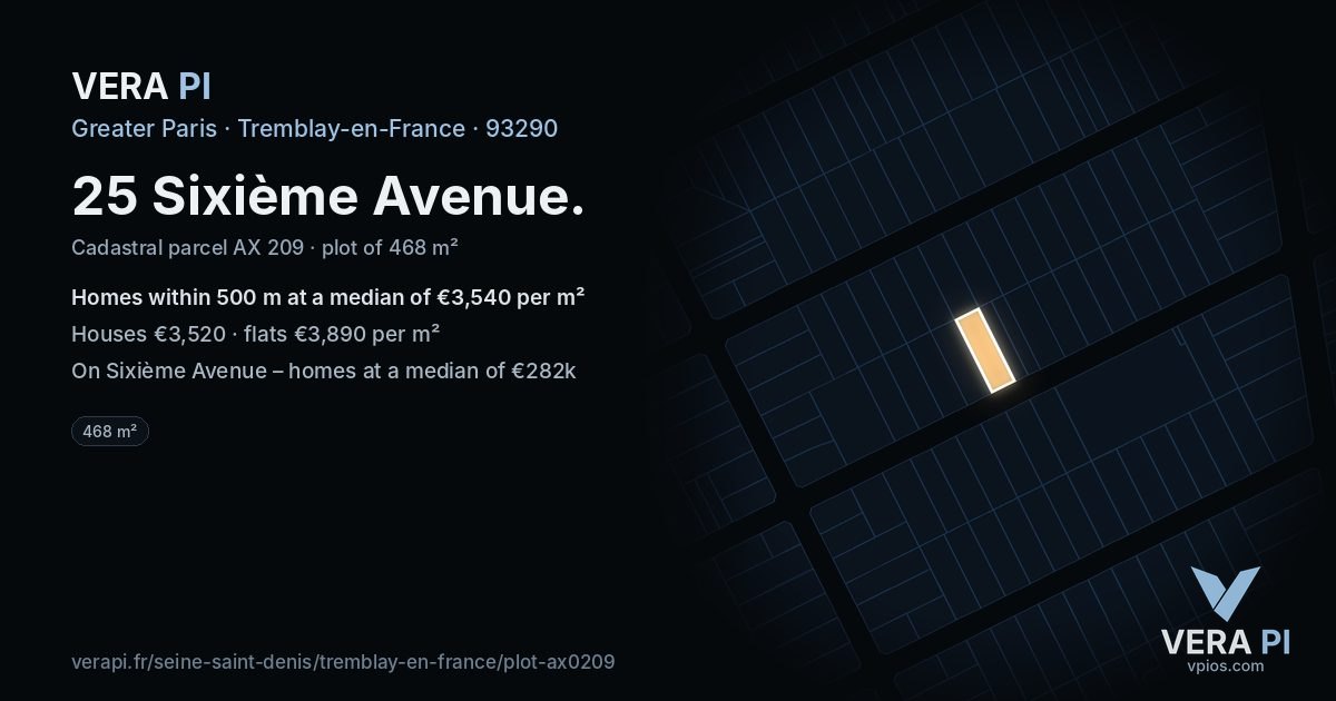 25 Sixième Avenue, Tremblay-en-France at night – the plot lit, the parcels around coloured by the prices near them