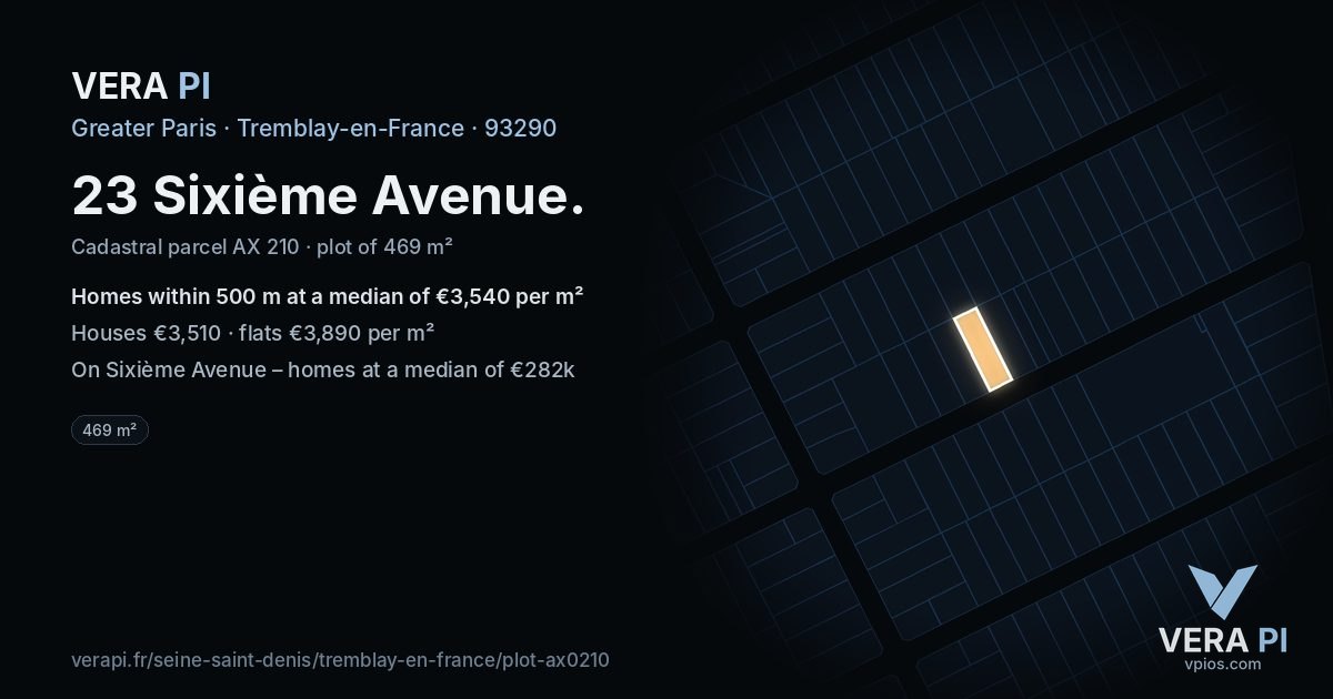 23 Sixième Avenue, Tremblay-en-France at night – the plot lit, the parcels around coloured by the prices near them