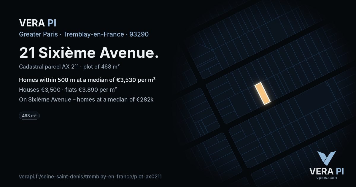 21 Sixième Avenue, Tremblay-en-France at night – the plot lit, the parcels around coloured by the prices near them