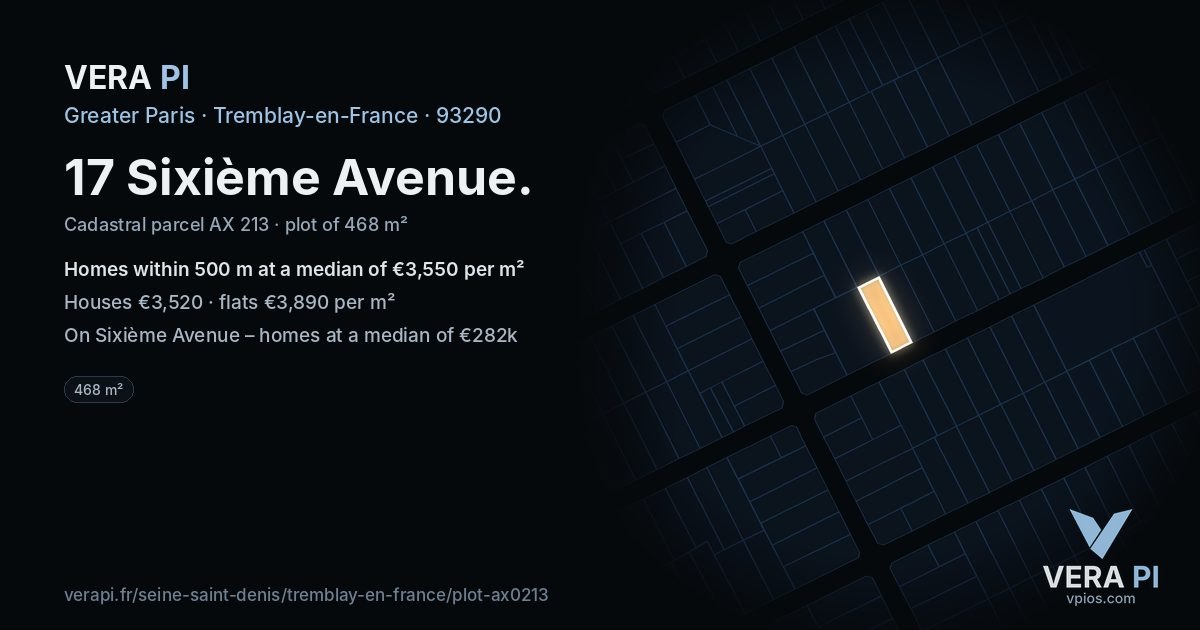 17 Sixième Avenue, Tremblay-en-France at night – the plot lit, the parcels around coloured by the prices near them
