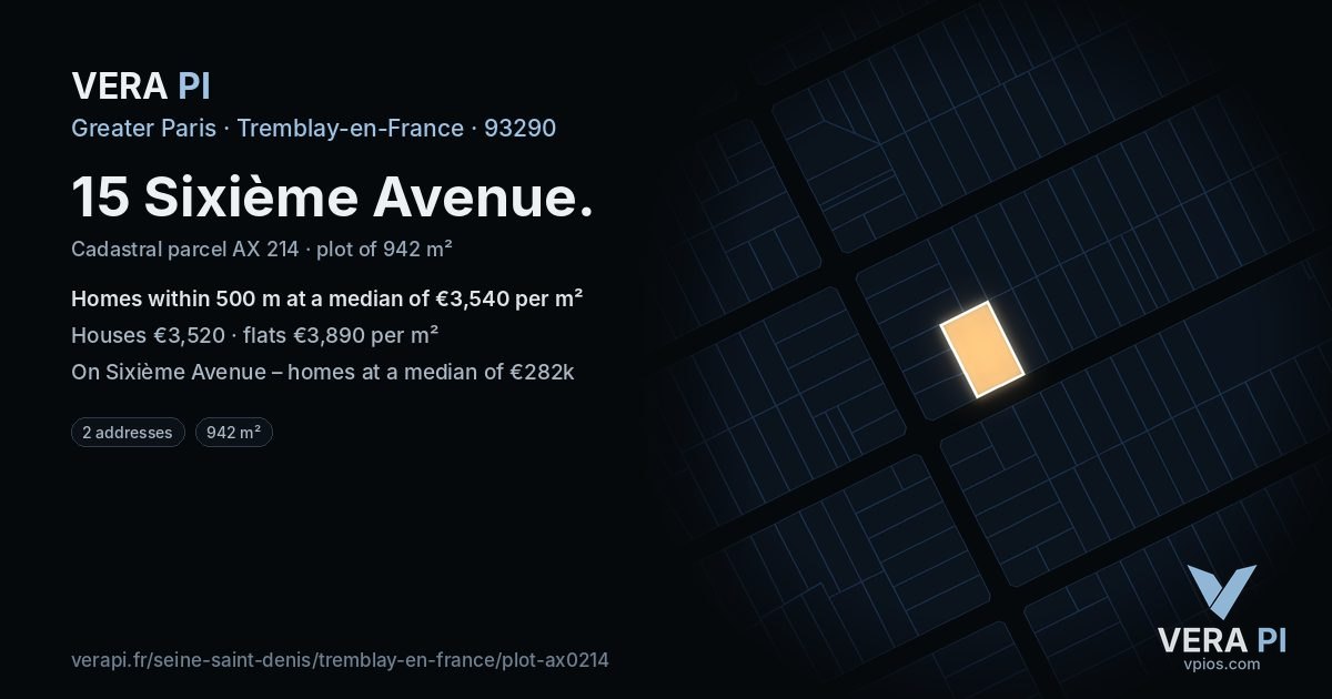 15 Sixième Avenue, Tremblay-en-France at night – the plot lit, the parcels around coloured by the prices near them