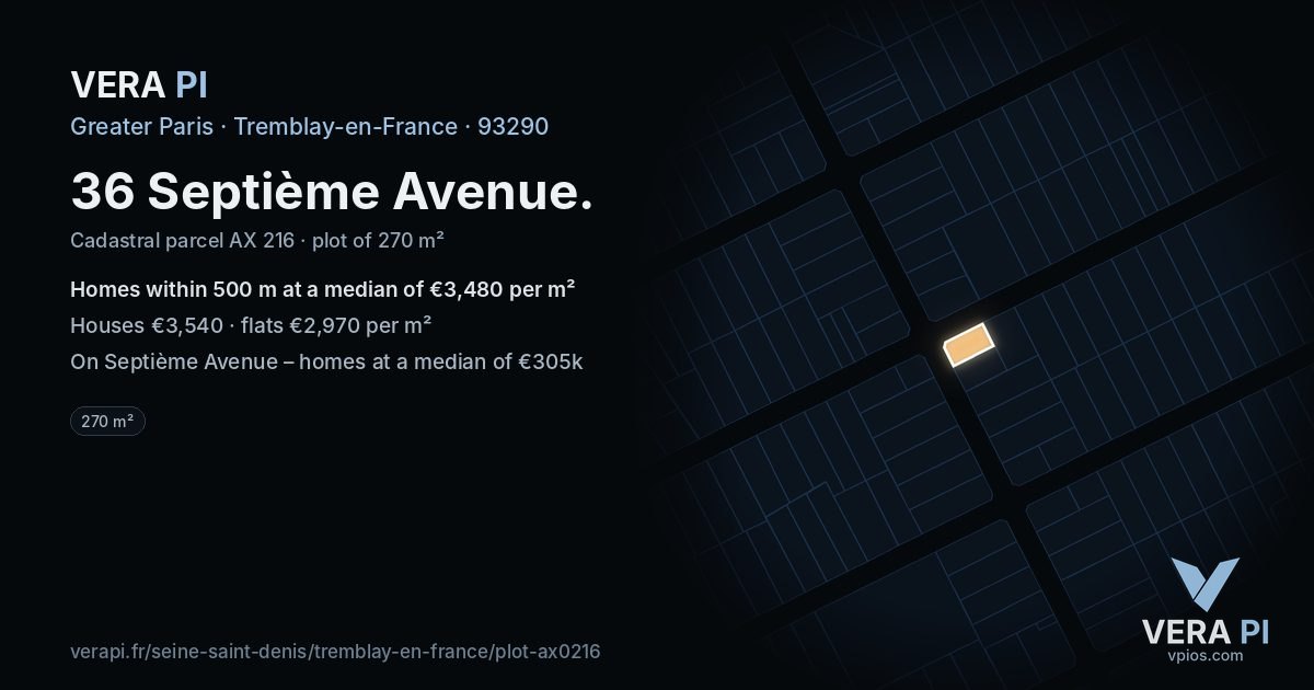 36 Septième Avenue, Tremblay-en-France at night – the plot lit, the parcels around coloured by the prices near them