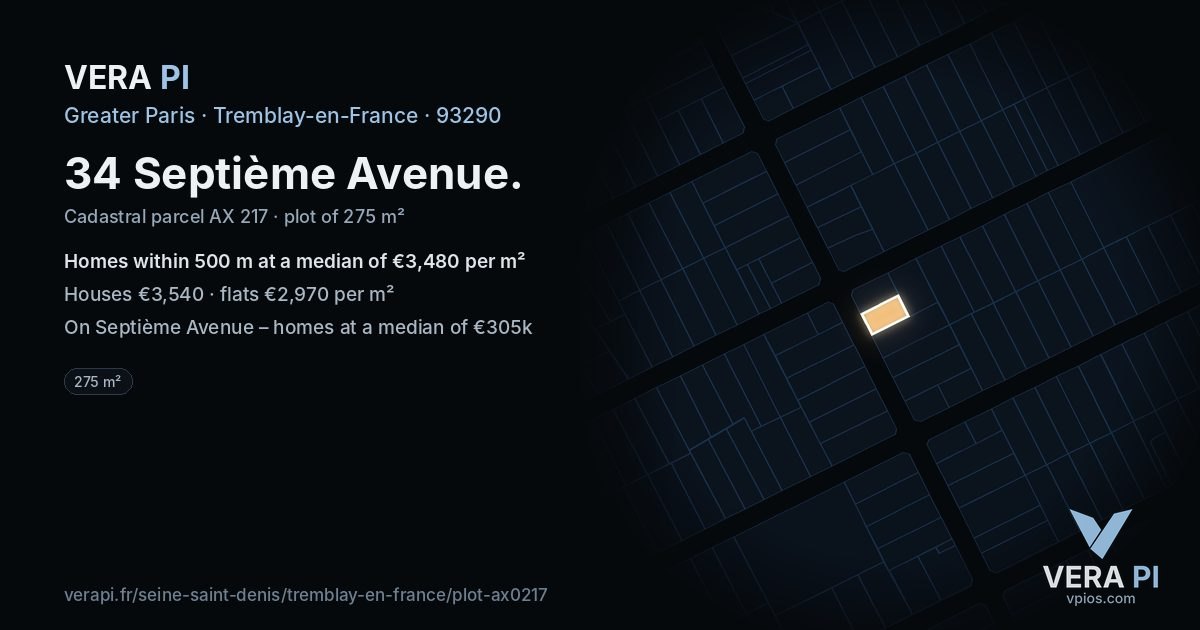 34 Septième Avenue, Tremblay-en-France at night – the plot lit, the parcels around coloured by the prices near them