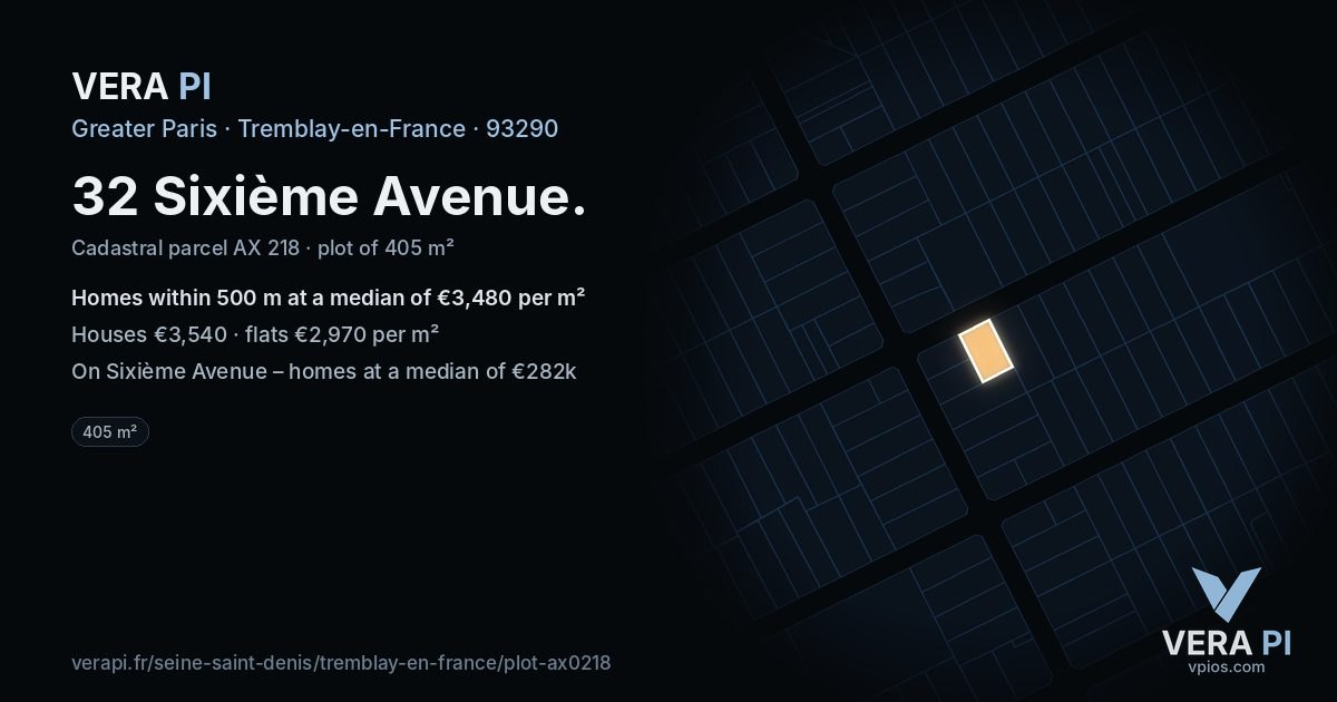 32 Sixième Avenue, Tremblay-en-France at night – the plot lit, the parcels around coloured by the prices near them