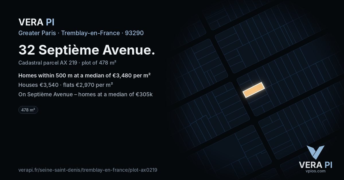 32 Septième Avenue, Tremblay-en-France at night – the plot lit, the parcels around coloured by the prices near them