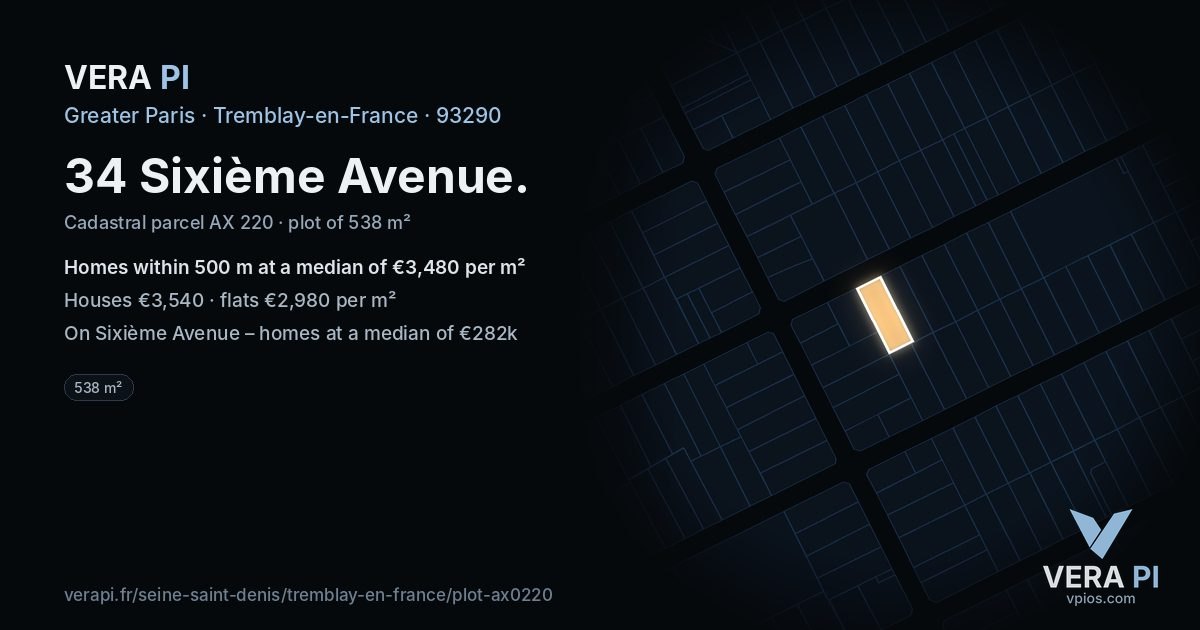 34 Sixième Avenue, Tremblay-en-France at night – the plot lit, the parcels around coloured by the prices near them