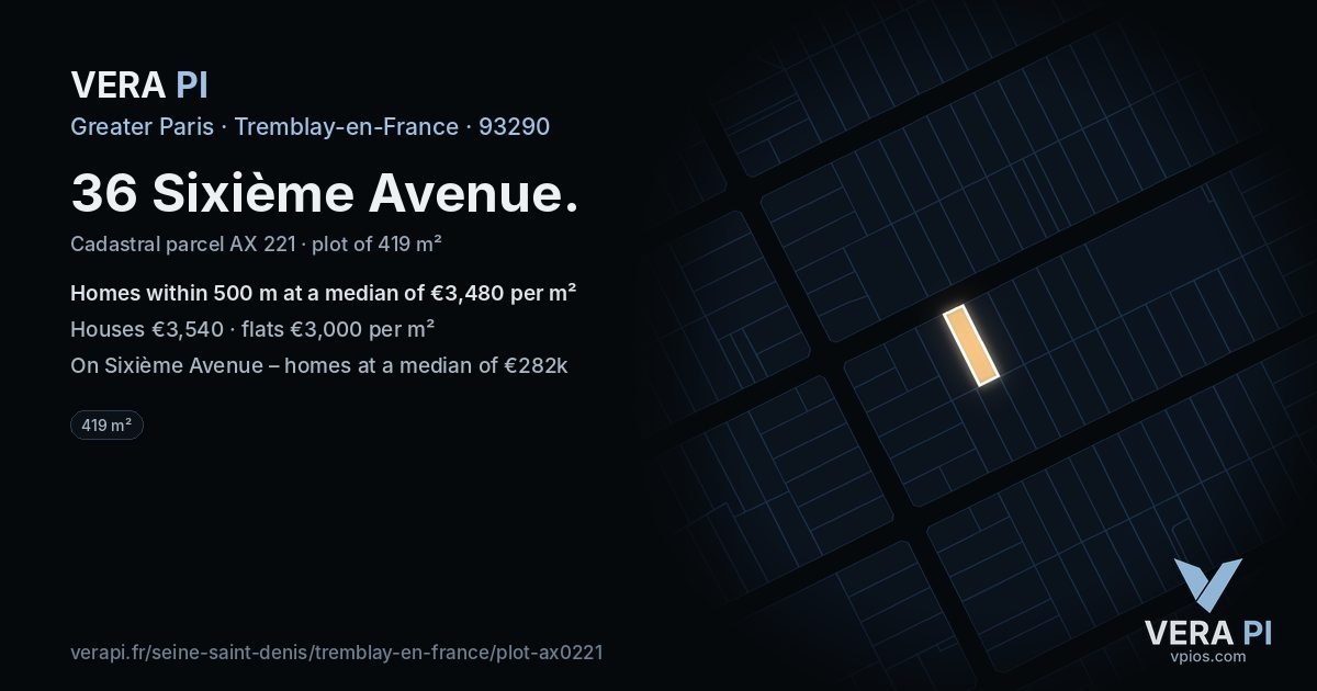 36 Sixième Avenue, Tremblay-en-France at night – the plot lit, the parcels around coloured by the prices near them