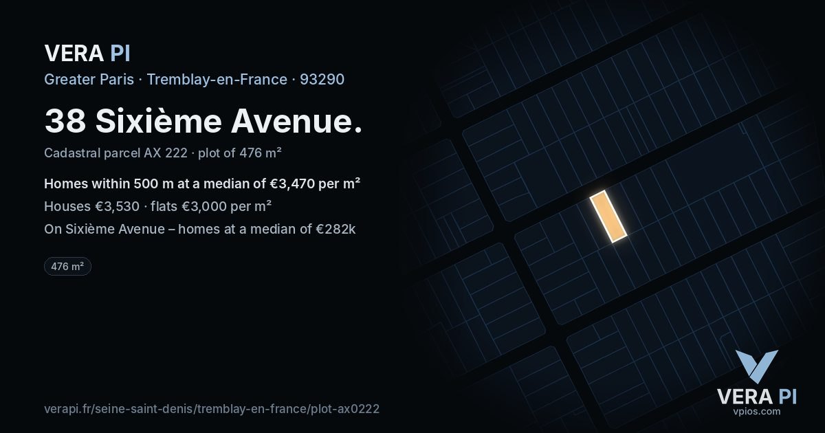 38 Sixième Avenue, Tremblay-en-France at night – the plot lit, the parcels around coloured by the prices near them