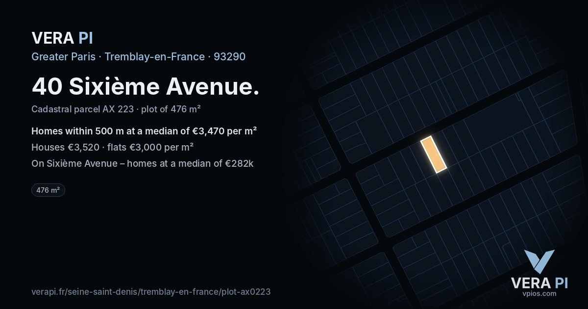 40 Sixième Avenue, Tremblay-en-France at night – the plot lit, the parcels around coloured by the prices near them