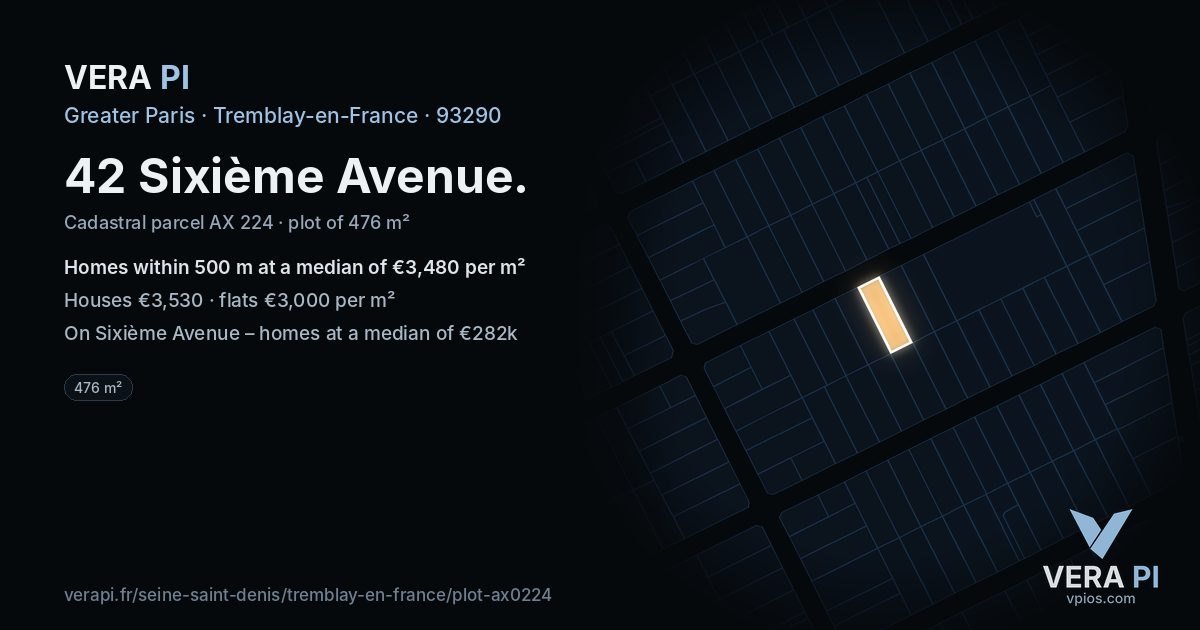 42 Sixième Avenue, Tremblay-en-France at night – the plot lit, the parcels around coloured by the prices near them