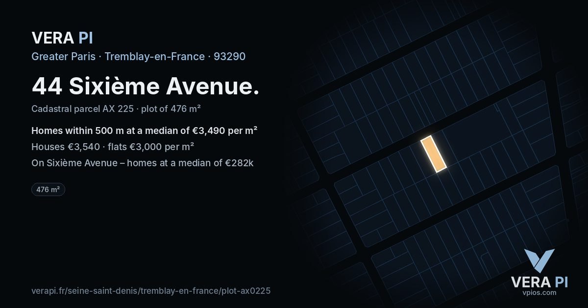 44 Sixième Avenue, Tremblay-en-France at night – the plot lit, the parcels around coloured by the prices near them