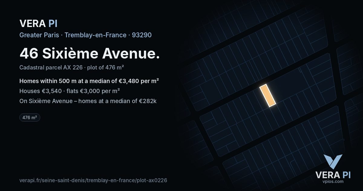 46 Sixième Avenue, Tremblay-en-France at night – the plot lit, the parcels around coloured by the prices near them