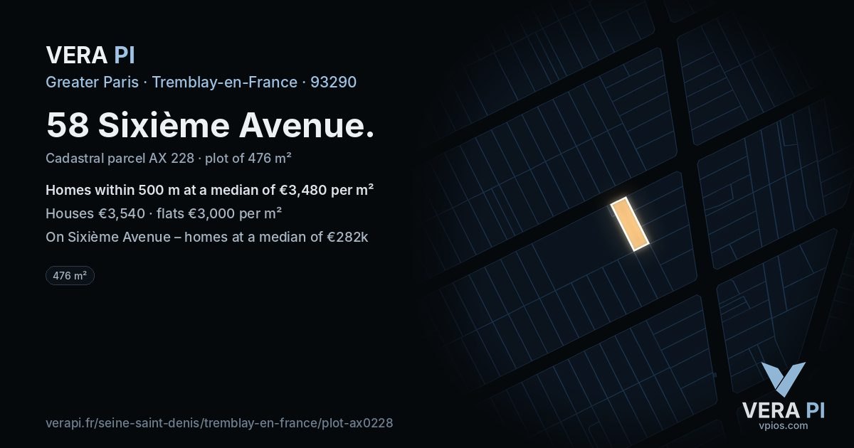 58 Sixième Avenue, Tremblay-en-France at night – the plot lit, the parcels around coloured by the prices near them