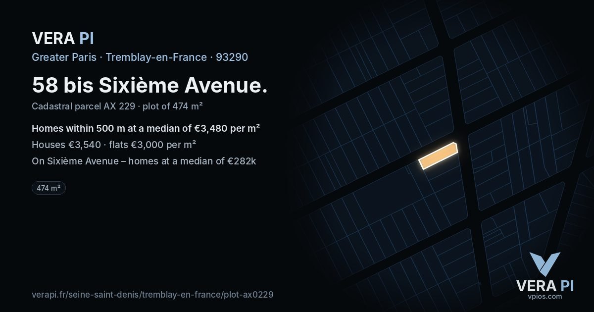 58 bis Sixième Avenue, Tremblay-en-France at night – the plot lit, the parcels around coloured by the prices near them