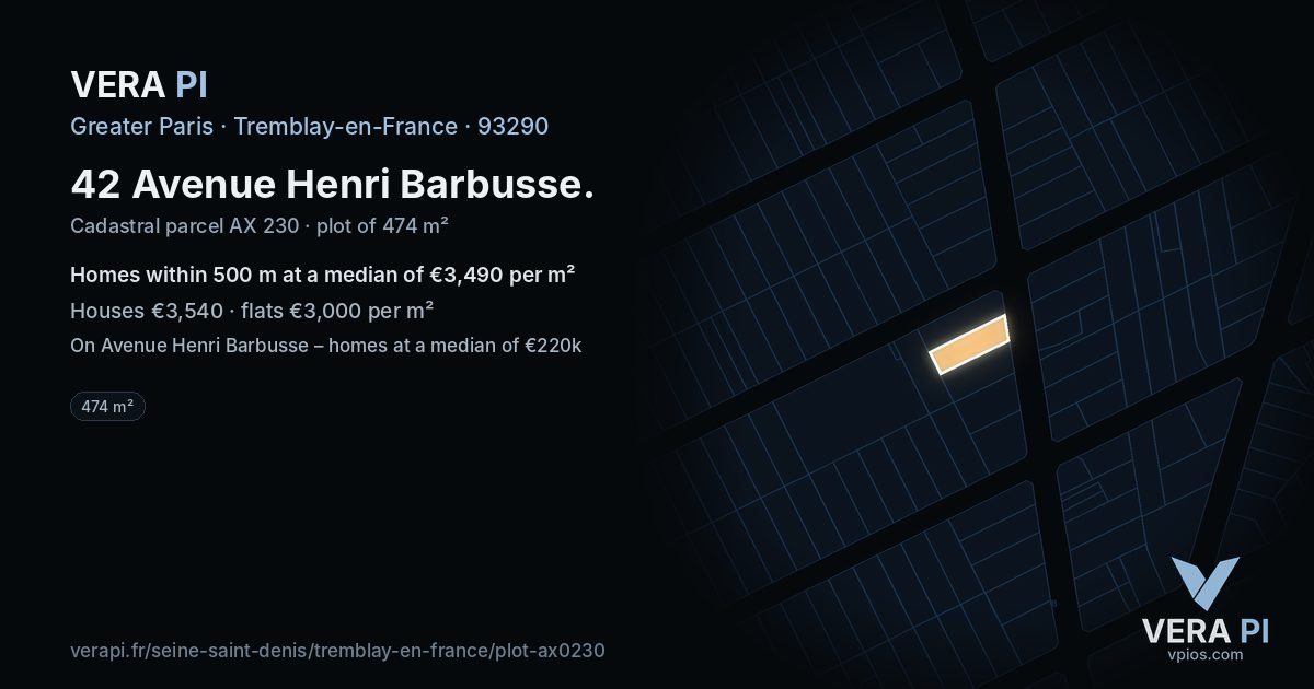 42 Avenue Henri Barbusse, Tremblay-en-France at night – the plot lit, the parcels around coloured by the prices near them
