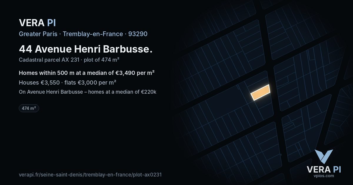 44 Avenue Henri Barbusse, Tremblay-en-France at night – the plot lit, the parcels around coloured by the prices near them