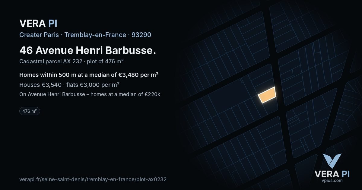46 Avenue Henri Barbusse, Tremblay-en-France at night – the plot lit, the parcels around coloured by the prices near them