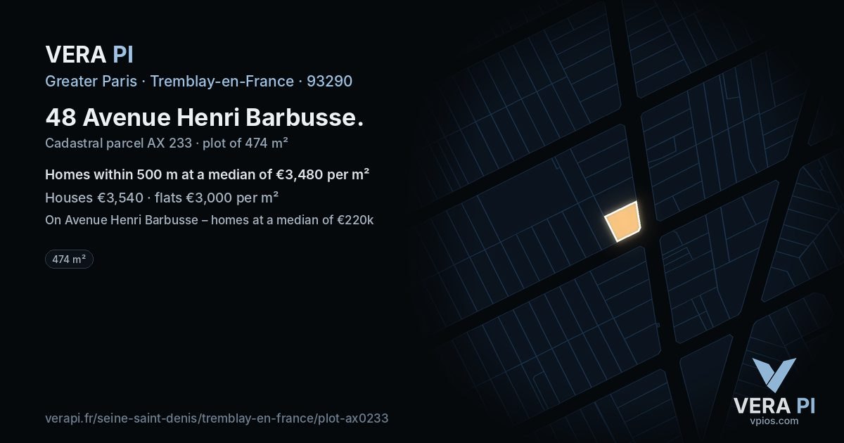 48 Avenue Henri Barbusse, Tremblay-en-France at night – the plot lit, the parcels around coloured by the prices near them