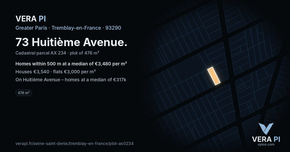 73 Huitième Avenue, Tremblay-en-France at night – the plot lit, the parcels around coloured by the prices near them