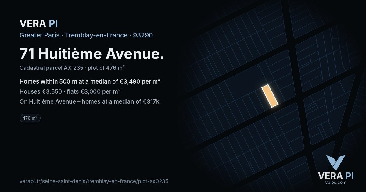 71 Huitième Avenue, Tremblay-en-France at night – the plot lit, the parcels around coloured by the prices near them