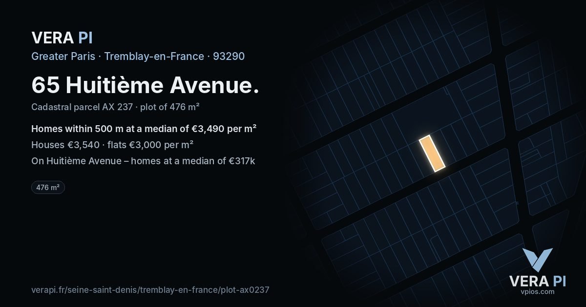 65 Huitième Avenue, Tremblay-en-France at night – the plot lit, the parcels around coloured by the prices near them