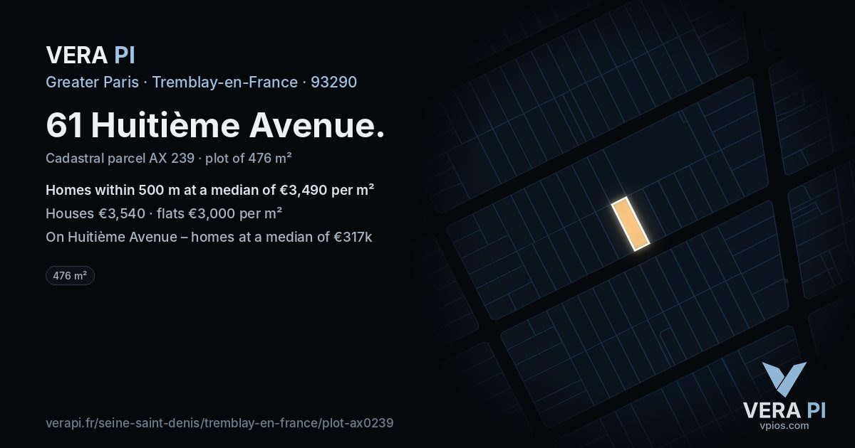 61 Huitième Avenue, Tremblay-en-France at night – the plot lit, the parcels around coloured by the prices near them