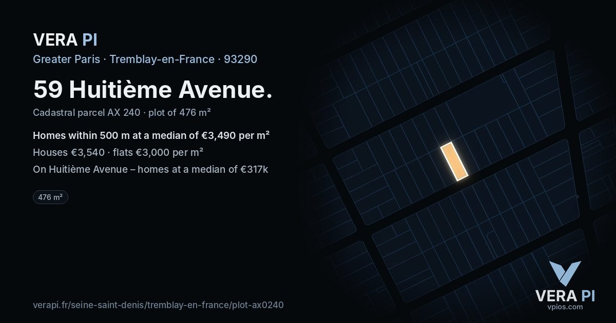 59 Huitième Avenue, Tremblay-en-France at night – the plot lit, the parcels around coloured by the prices near them