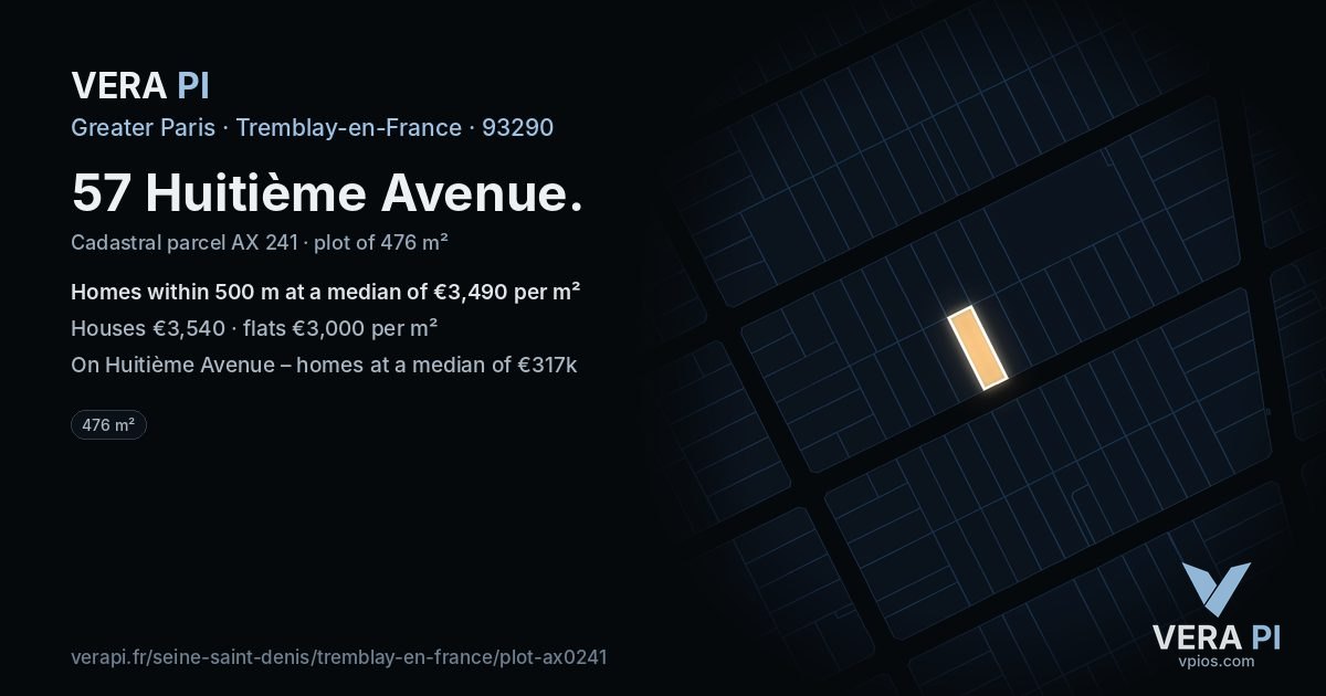 57 Huitième Avenue, Tremblay-en-France at night – the plot lit, the parcels around coloured by the prices near them