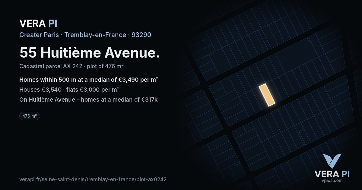 55 Huitième Avenue, Tremblay-en-France at night – the plot lit, the parcels around coloured by the prices near them