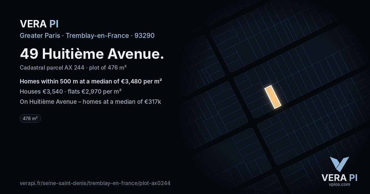 49 Huitième Avenue, Tremblay-en-France at night – the plot lit, the parcels around coloured by the prices near them