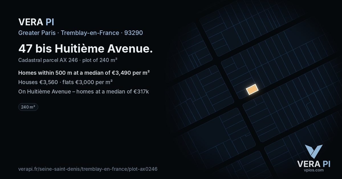 47 bis Huitième Avenue, Tremblay-en-France at night – the plot lit, the parcels around coloured by the prices near them