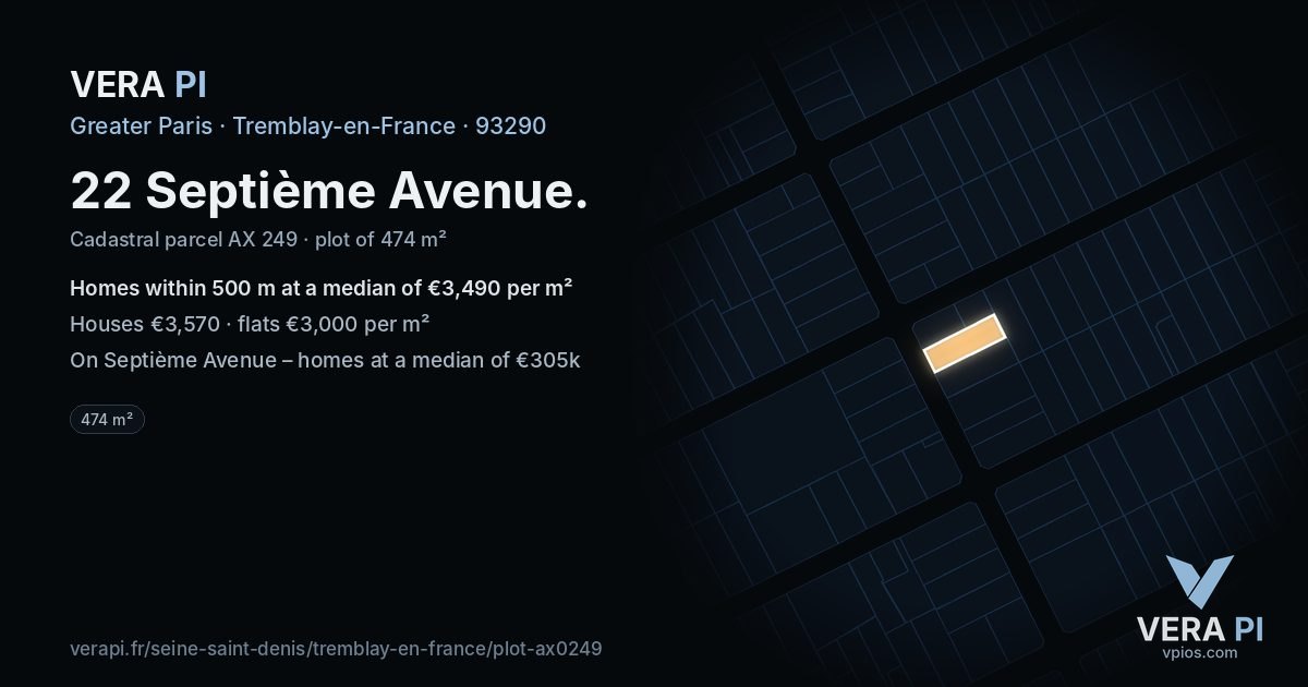 22 Septième Avenue, Tremblay-en-France at night – the plot lit, the parcels around coloured by the prices near them