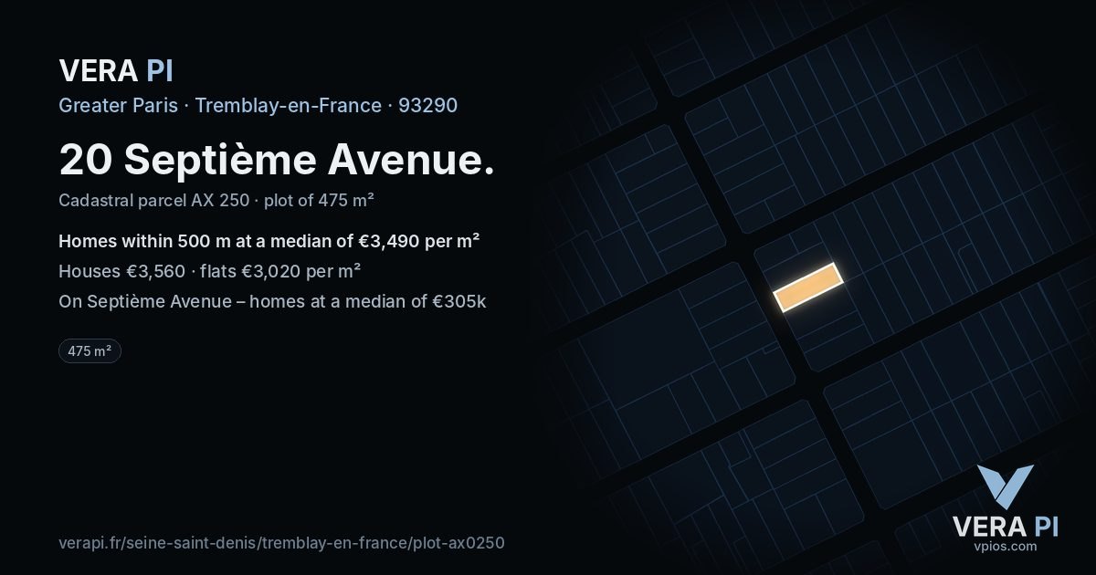 20 Septième Avenue, Tremblay-en-France at night – the plot lit, the parcels around coloured by the prices near them