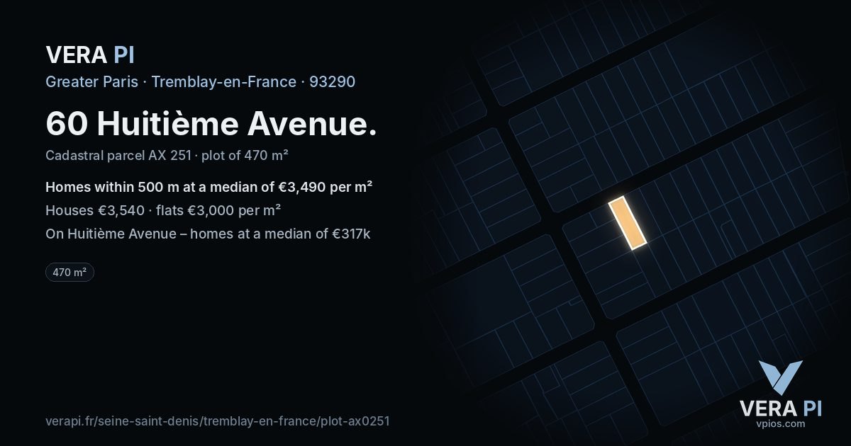 60 Huitième Avenue, Tremblay-en-France at night – the plot lit, the parcels around coloured by the prices near them