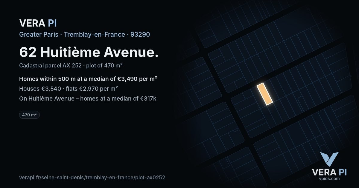 62 Huitième Avenue, Tremblay-en-France at night – the plot lit, the parcels around coloured by the prices near them