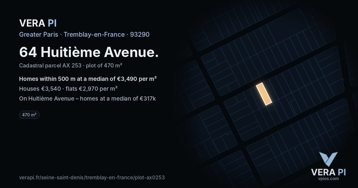64 Huitième Avenue, Tremblay-en-France at night – the plot lit, the parcels around coloured by the prices near them