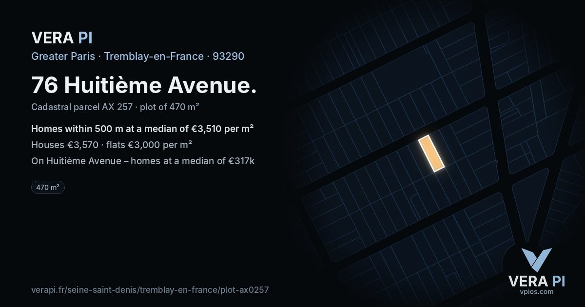 76 Huitième Avenue, Tremblay-en-France at night – the plot lit, the parcels around coloured by the prices near them