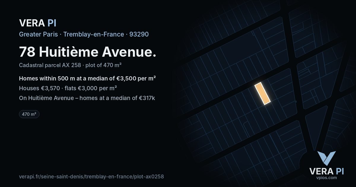 78 Huitième Avenue, Tremblay-en-France at night – the plot lit, the parcels around coloured by the prices near them