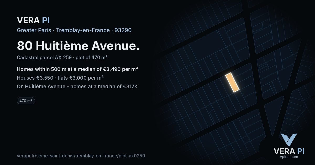 80 Huitième Avenue, Tremblay-en-France at night – the plot lit, the parcels around coloured by the prices near them