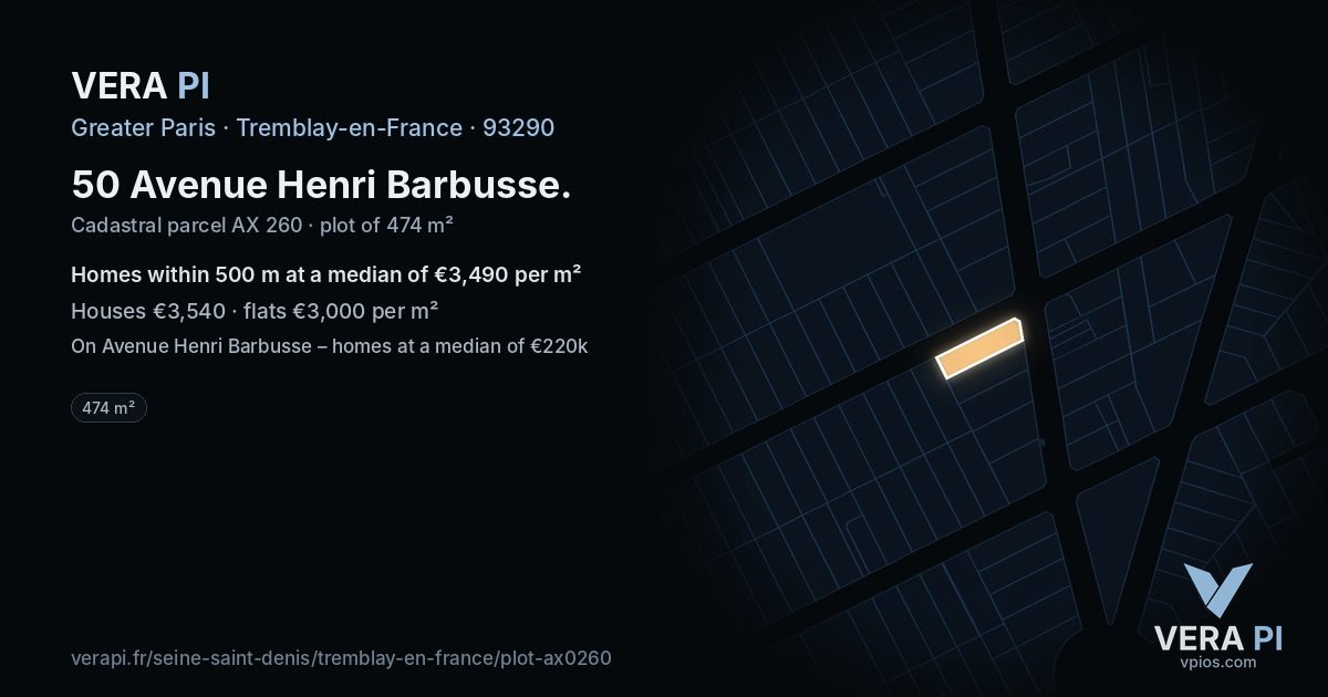 50 Avenue Henri Barbusse, Tremblay-en-France at night – the plot lit, the parcels around coloured by the prices near them