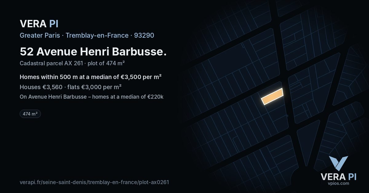 52 Avenue Henri Barbusse, Tremblay-en-France at night – the plot lit, the parcels around coloured by the prices near them