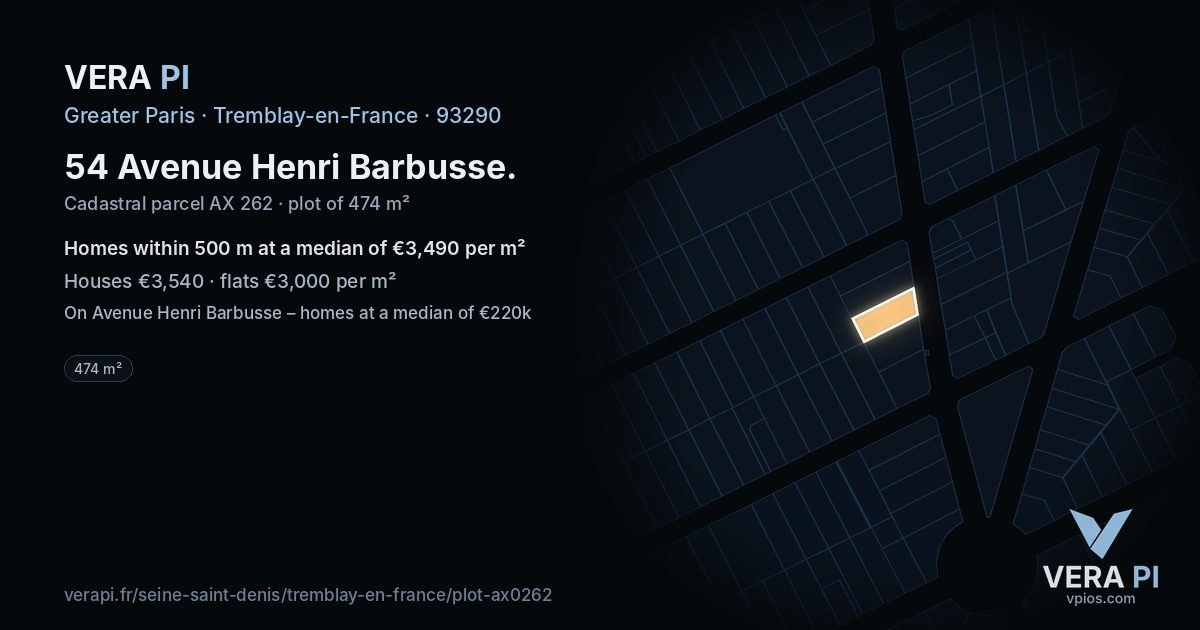54 Avenue Henri Barbusse, Tremblay-en-France at night – the plot lit, the parcels around coloured by the prices near them