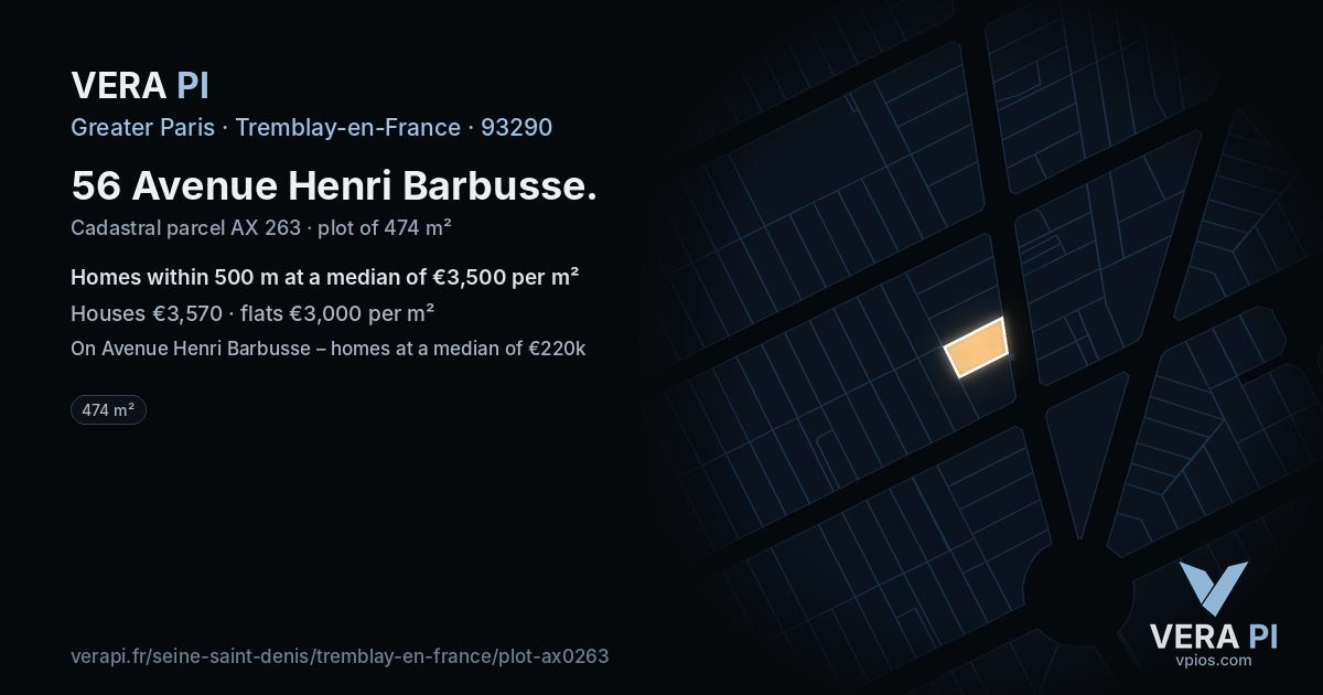 56 Avenue Henri Barbusse, Tremblay-en-France at night – the plot lit, the parcels around coloured by the prices near them