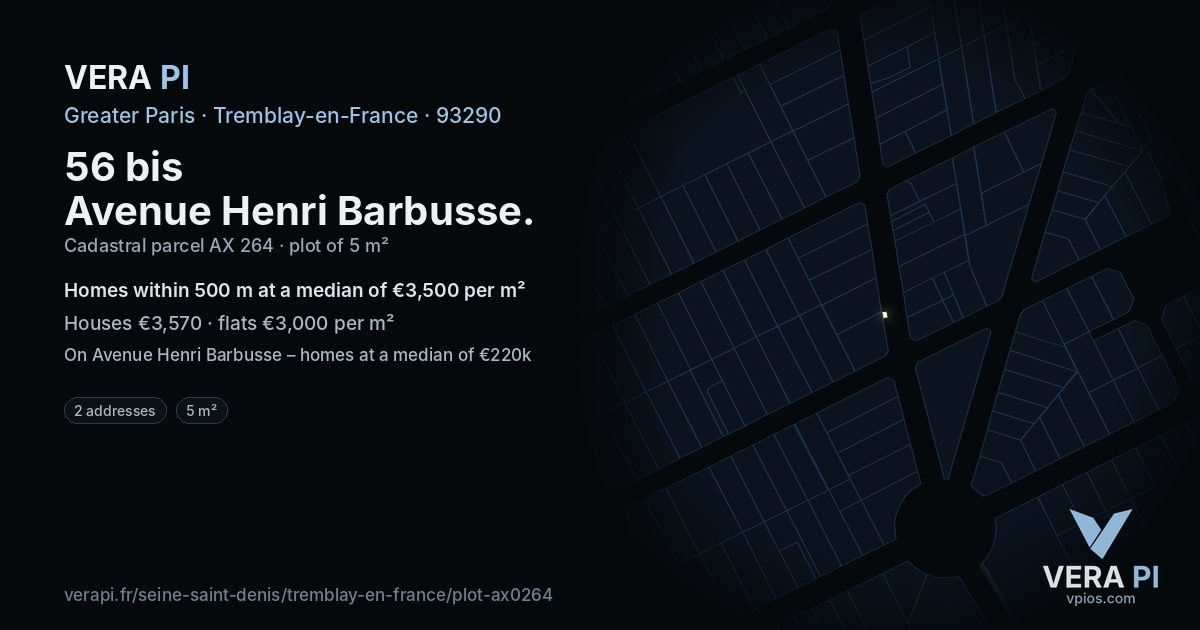 56 bis Avenue Henri Barbusse, Tremblay-en-France at night – the plot lit, the parcels around coloured by the prices near them